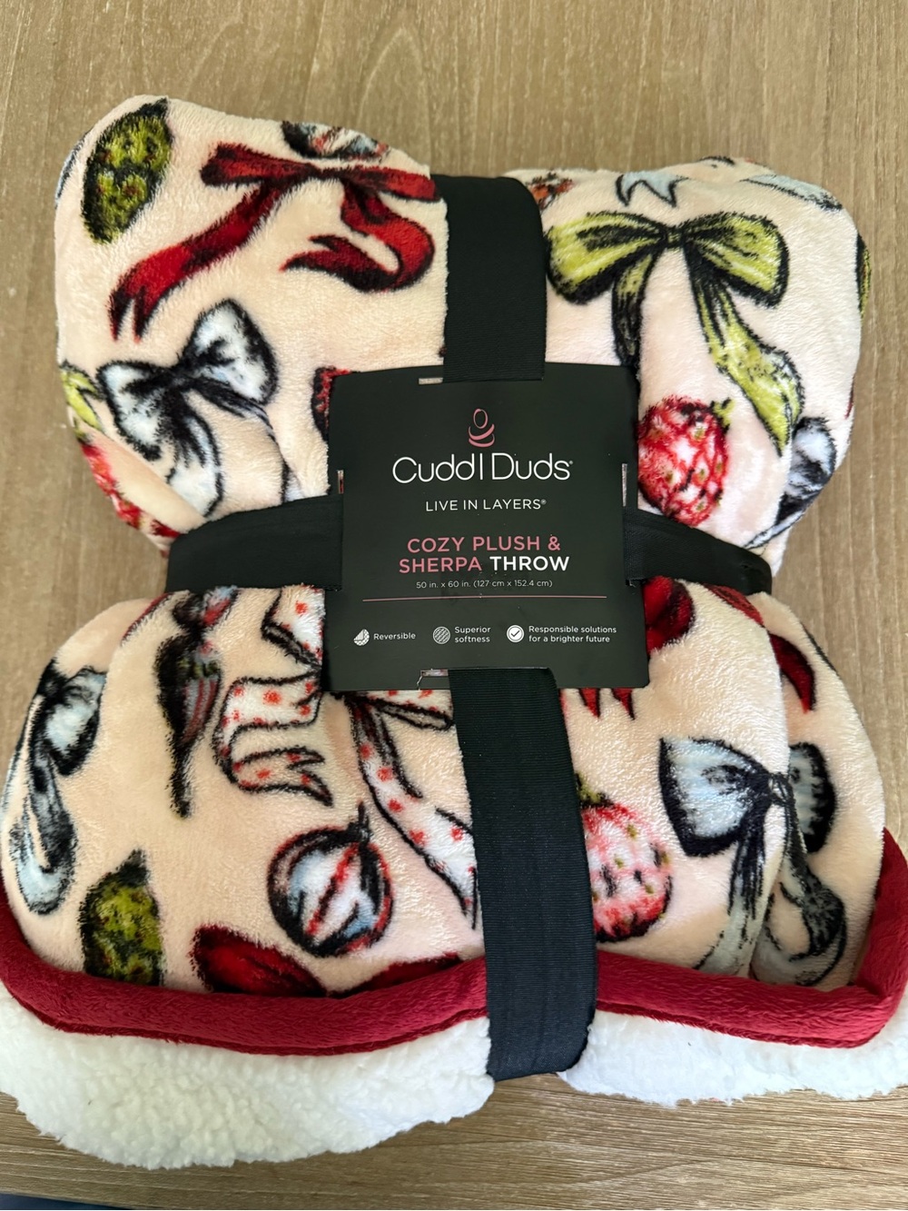 Cuddl Duds Plush Sherpa Throw Blanket Cozy Bows Red Pink Holiday Christmas NEW
